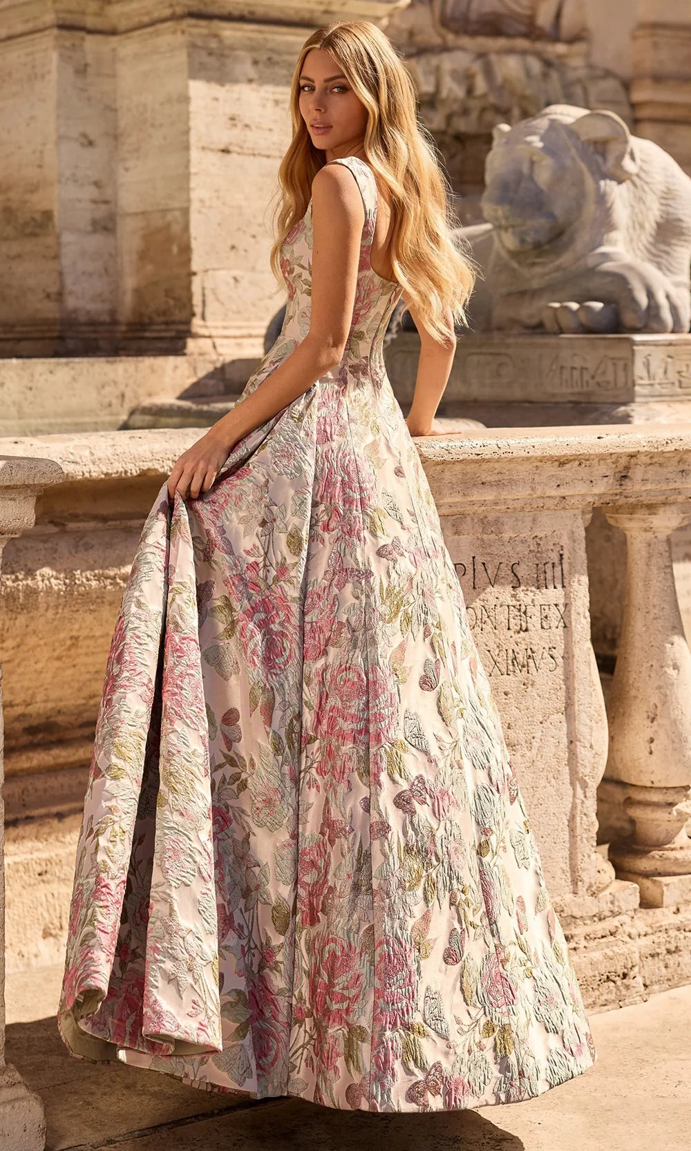 Sherri Hill 57812 - Cap Sleeve Floral Brocade Gown With Side Gathers Prom Dresses