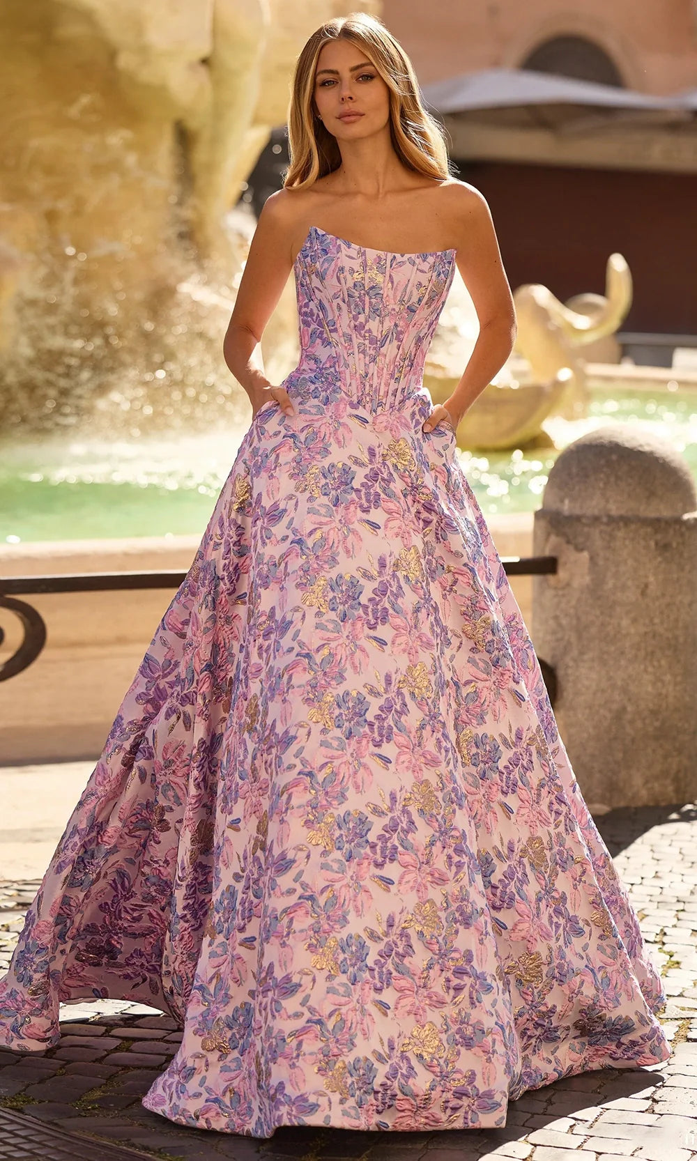Sherri Hill 57898 - Strapless Floral Patterned Long Gown Ball Gowns