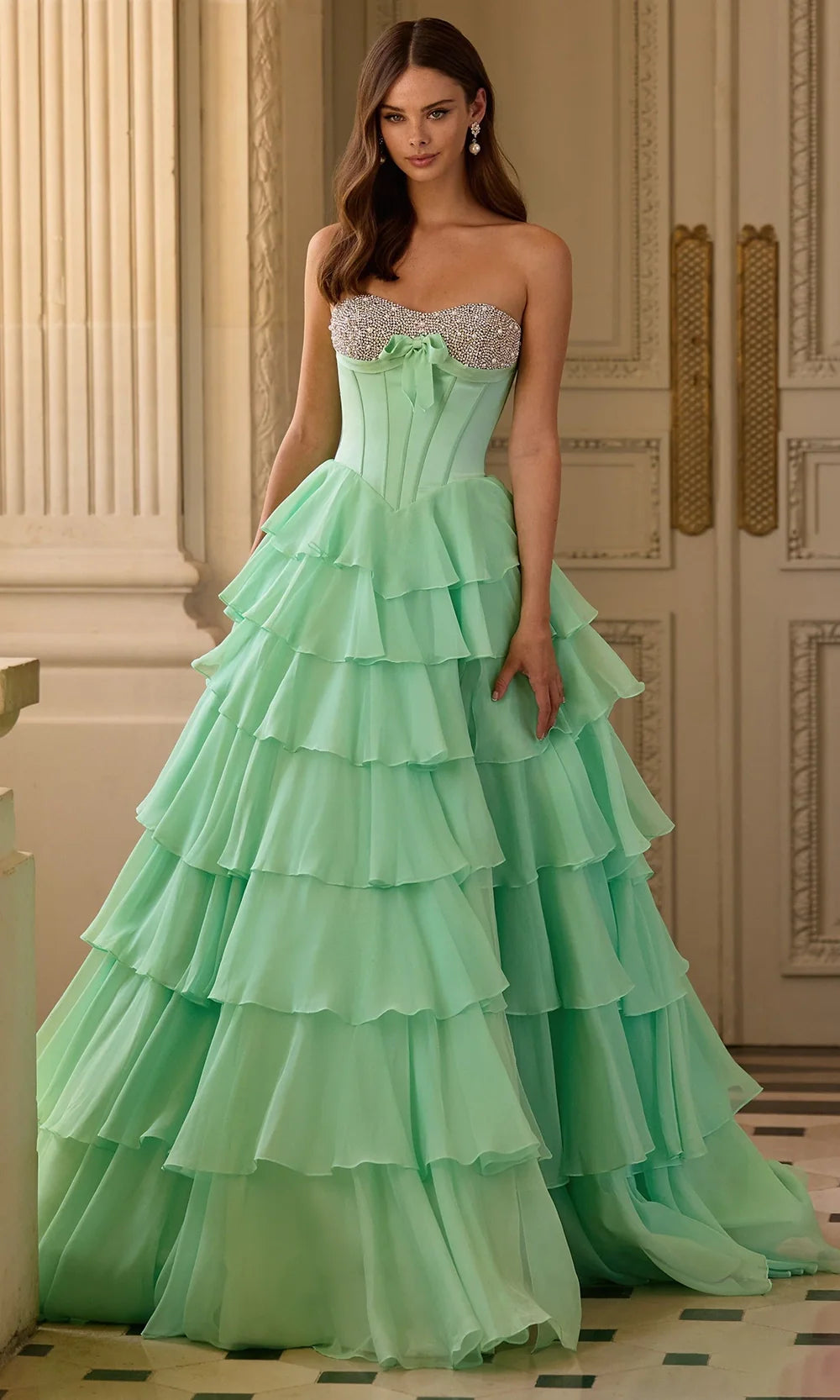 Sherri Hill 57799 - High Slit Tiered Ballgown with Bow Detail Prom Dresses