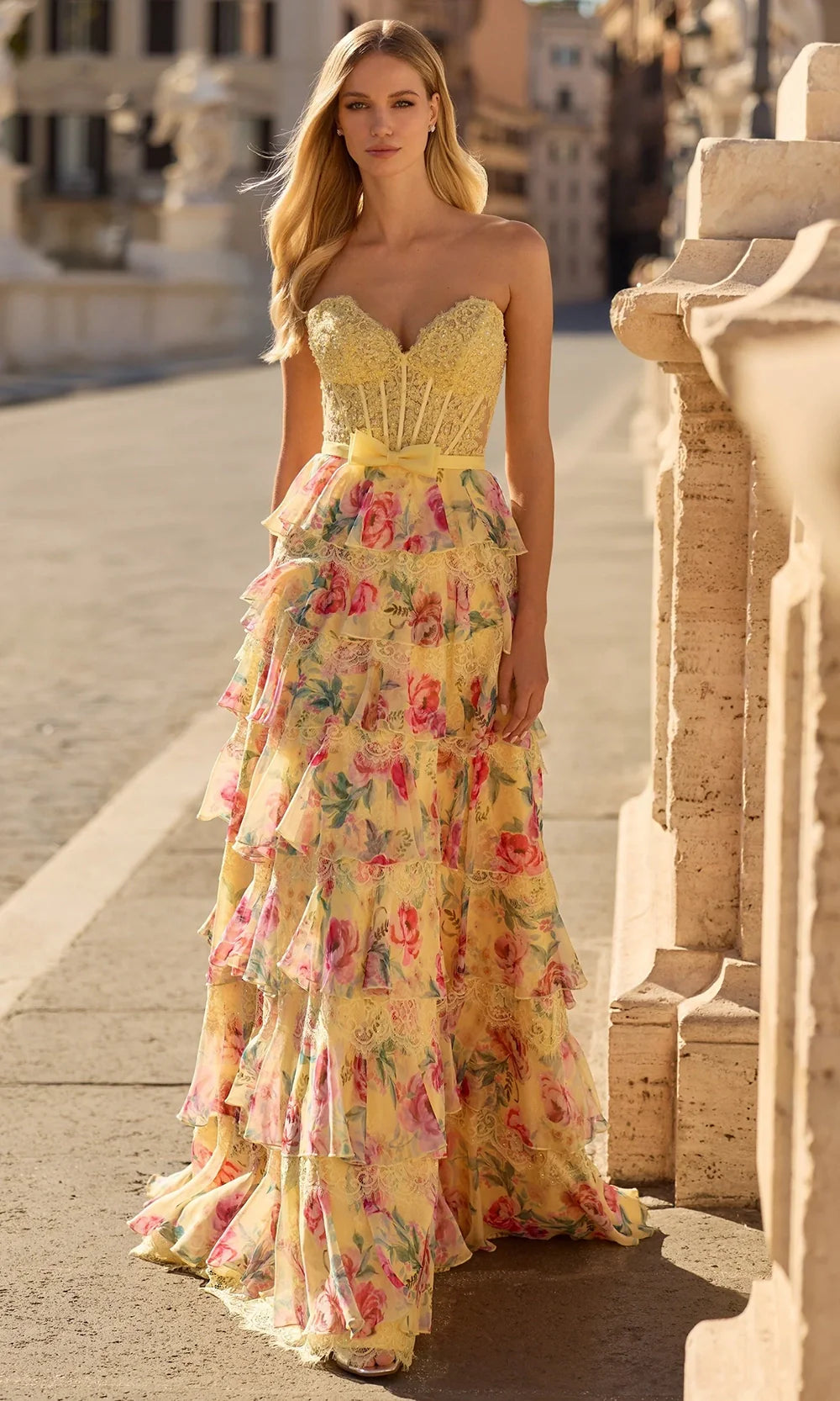 Sherri Hill 57909 - Tiered Ruffle Floral Gown with Slit Prom Dresses