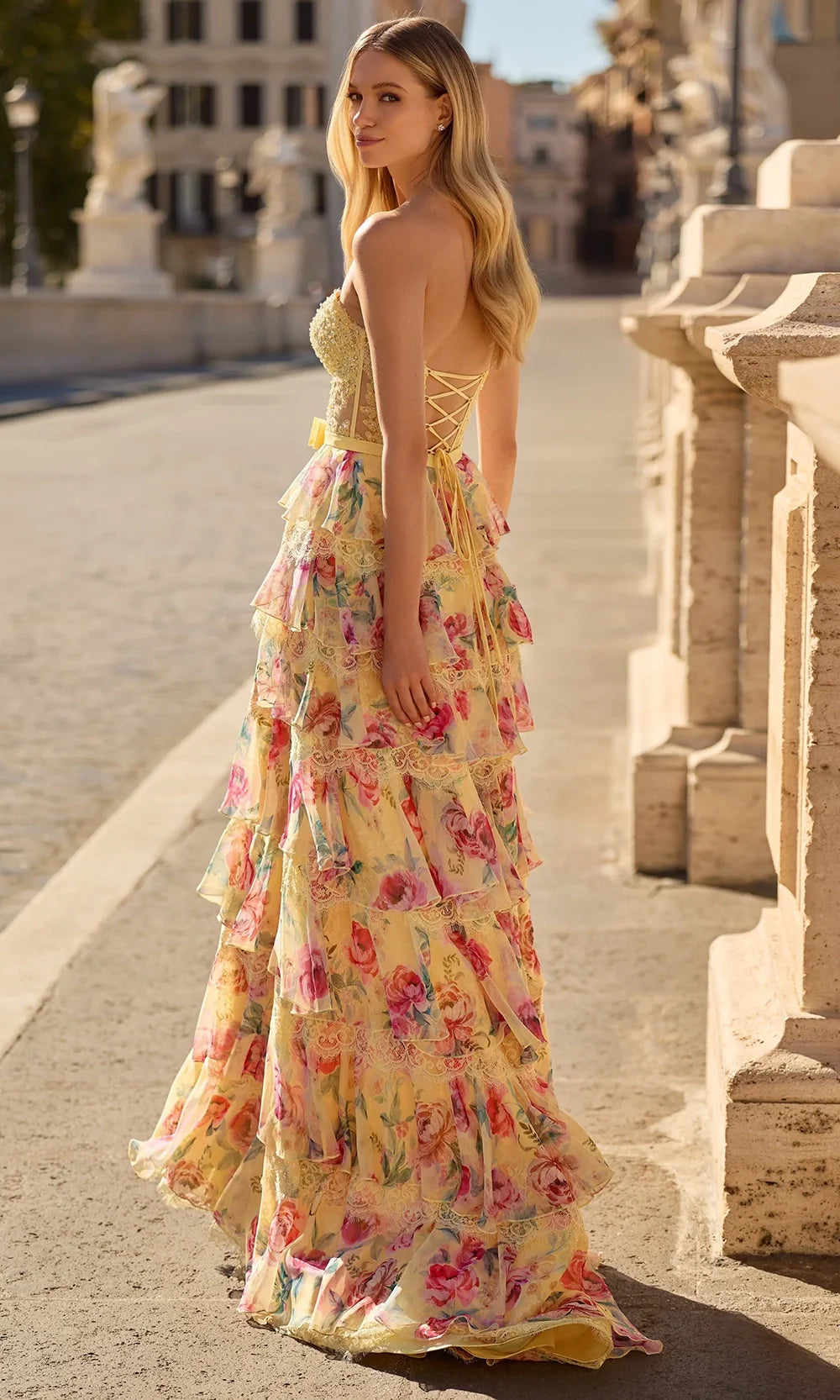 Sherri Hill 57909 - Tiered Ruffle Floral Gown with Slit Prom Dresses