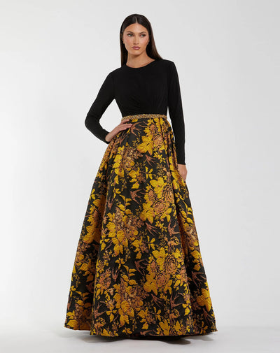 Mac Duggal 69000 - Long Sleeve Floral Brocade Ballgown In Black and Gold