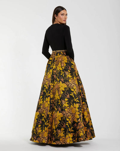 Mac Duggal 69000 - Long Sleeve Floral Brocade Ballgown In Black and Gold