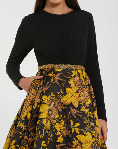 Mac Duggal 69000 - Long Sleeve Floral Brocade Ballgown In Black and Gold