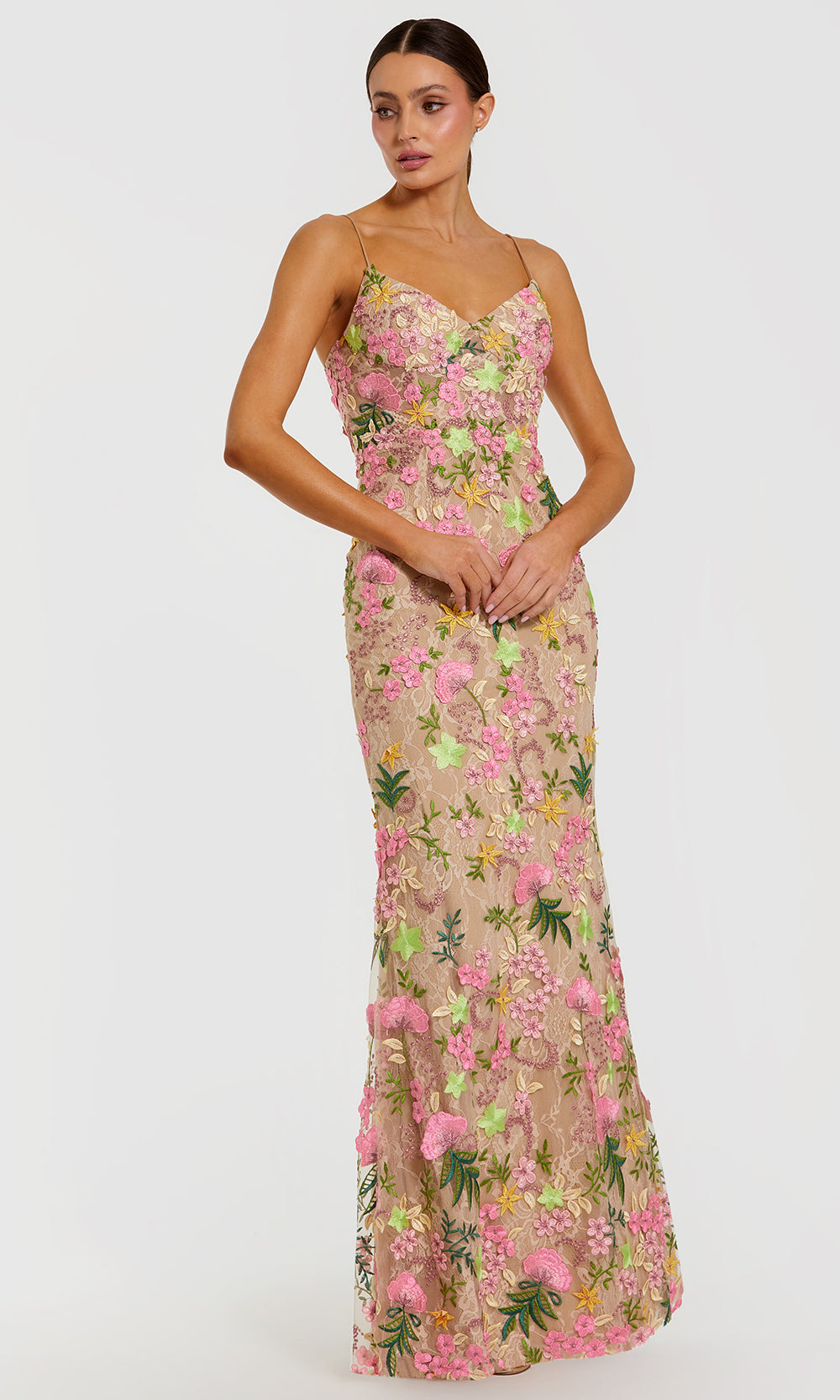 Mac Duggal 69010 - Thin Strap Floral Embellished Gown Formal Gowns in Neutral and Multi