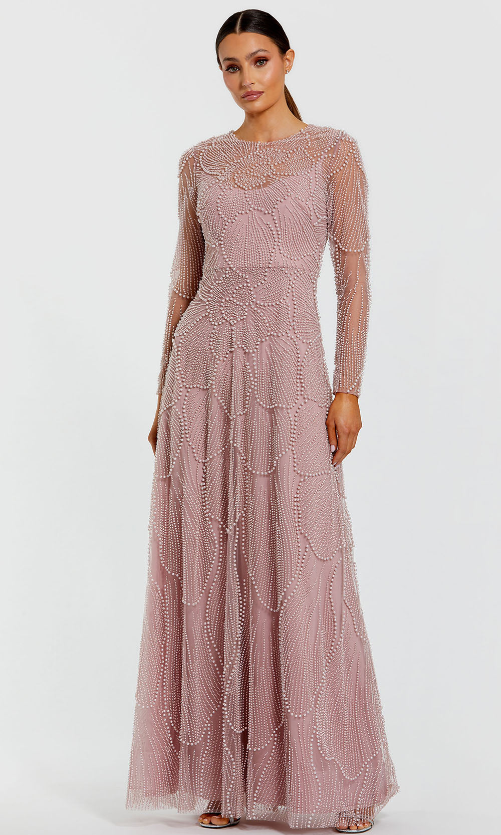 Mac Duggal 69012 - Long Sleeve Pearl Embellished Formal Gown Mother of the Bride Dresses in Brown