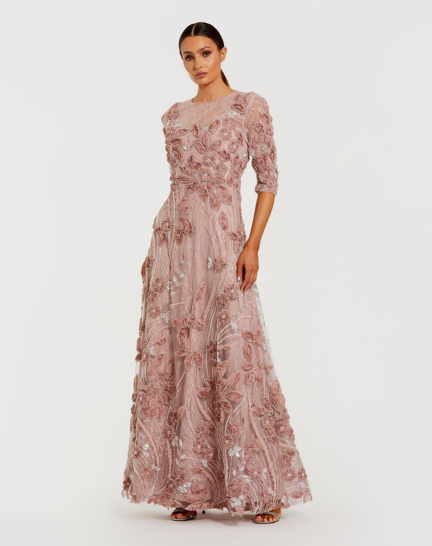 Mac Duggal 69016 - Jewel Neck Rosette Embellished Gown In Brown