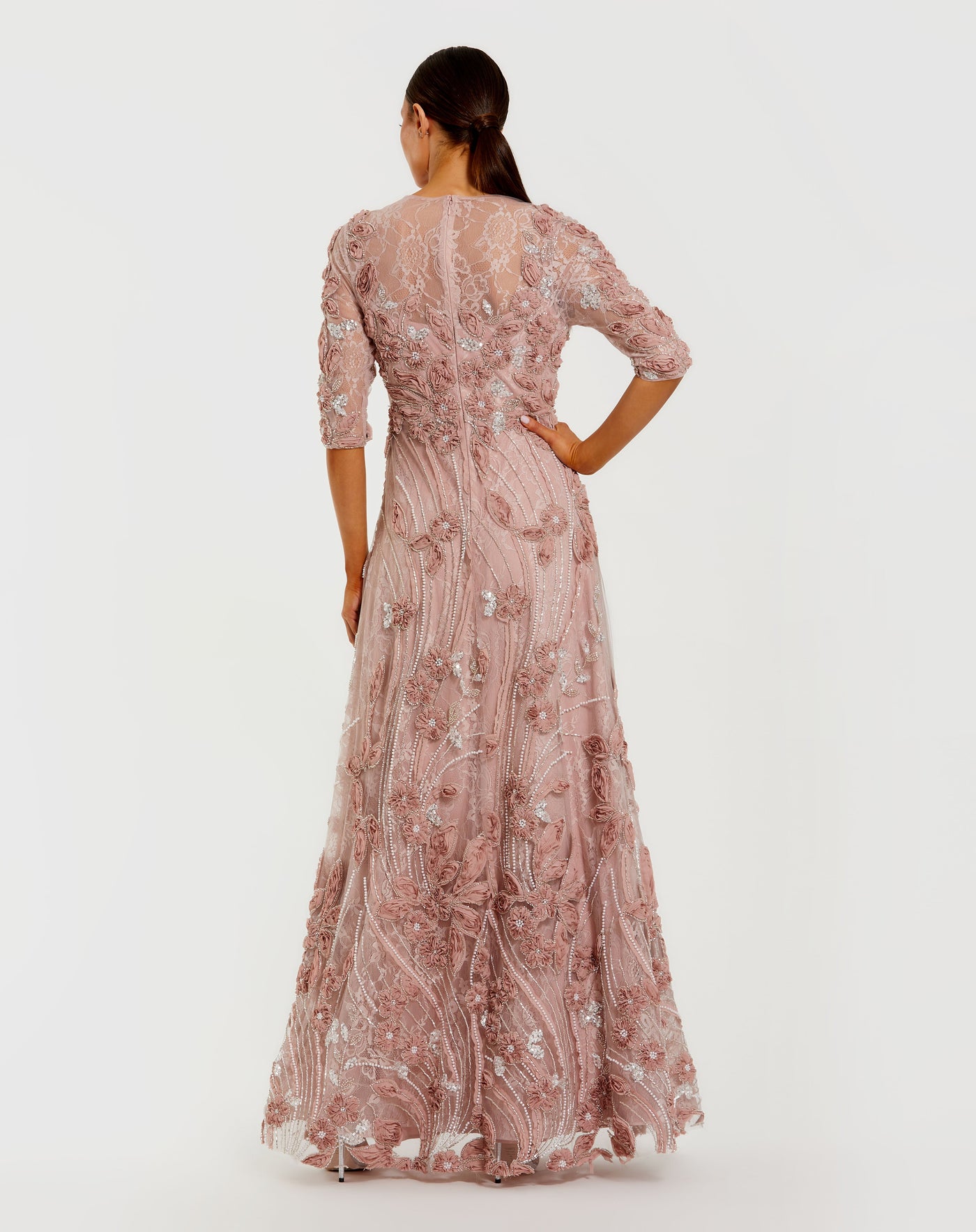 Mac Duggal 69016 - Jewel Neck Rosette Embellished Gown In Brown
