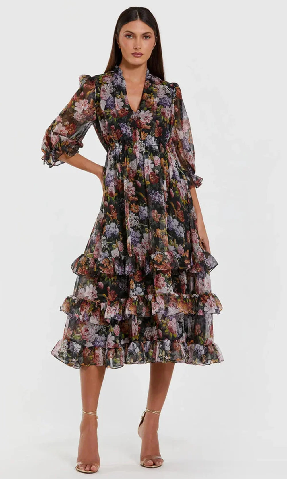 Mac Duggal 69031 - Three-Quarter Sleeve A-Line Floral Dress Homecoming Dresses