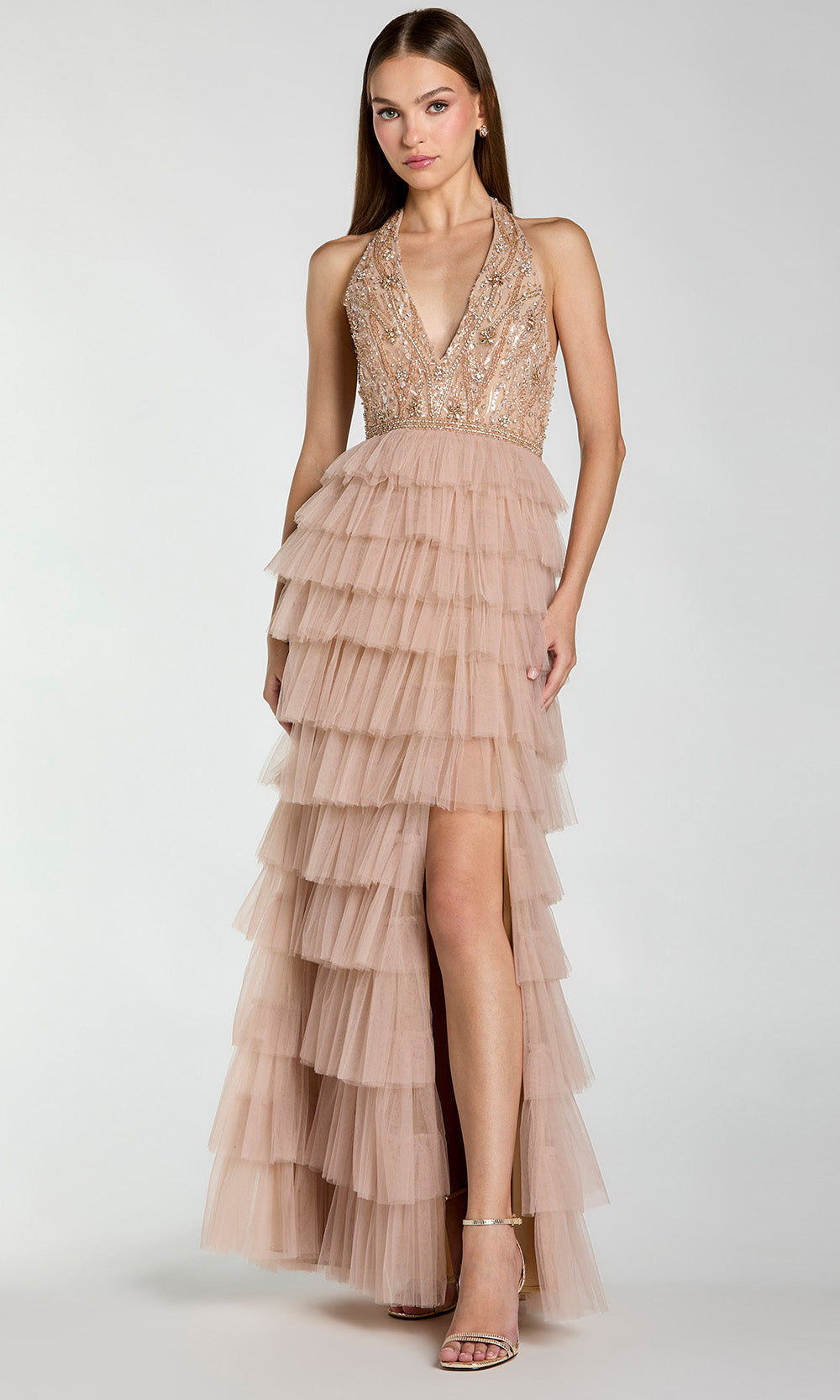 Mac Duggal 69062 - Beaded Top Halter Tiered Gown Prom Dresses in Neutral