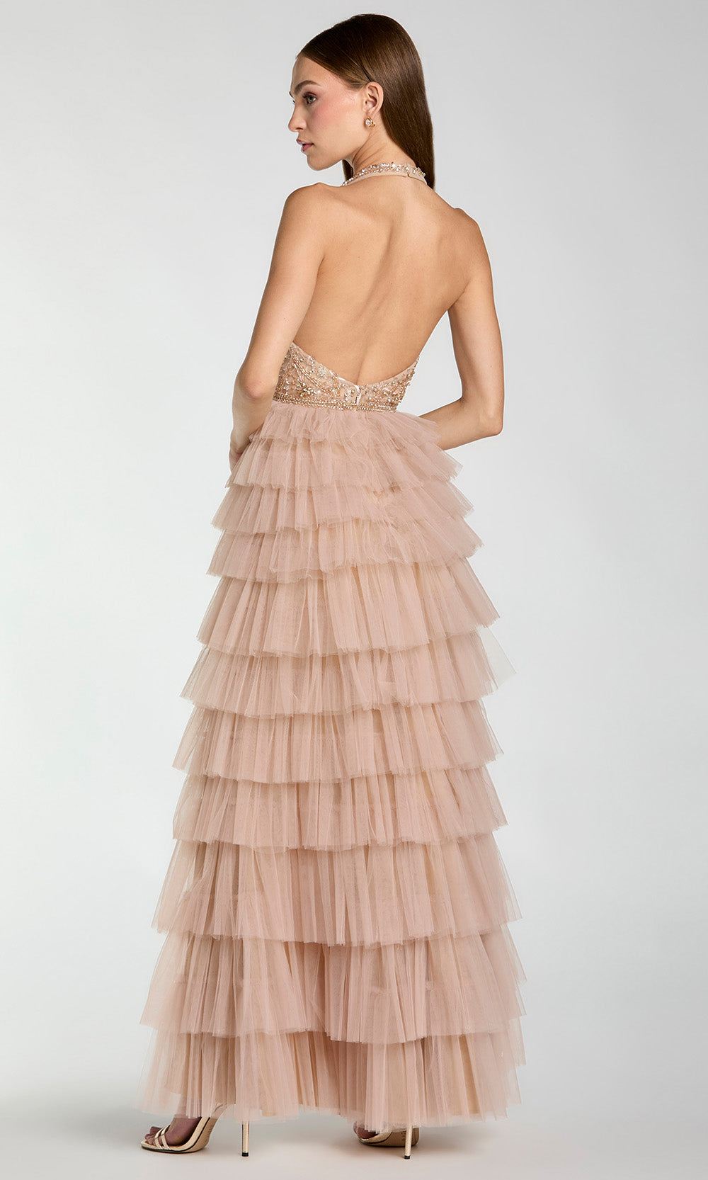 Mac Duggal 69062 - Beaded Top Halter Tiered Gown Prom Dresses in Neutral