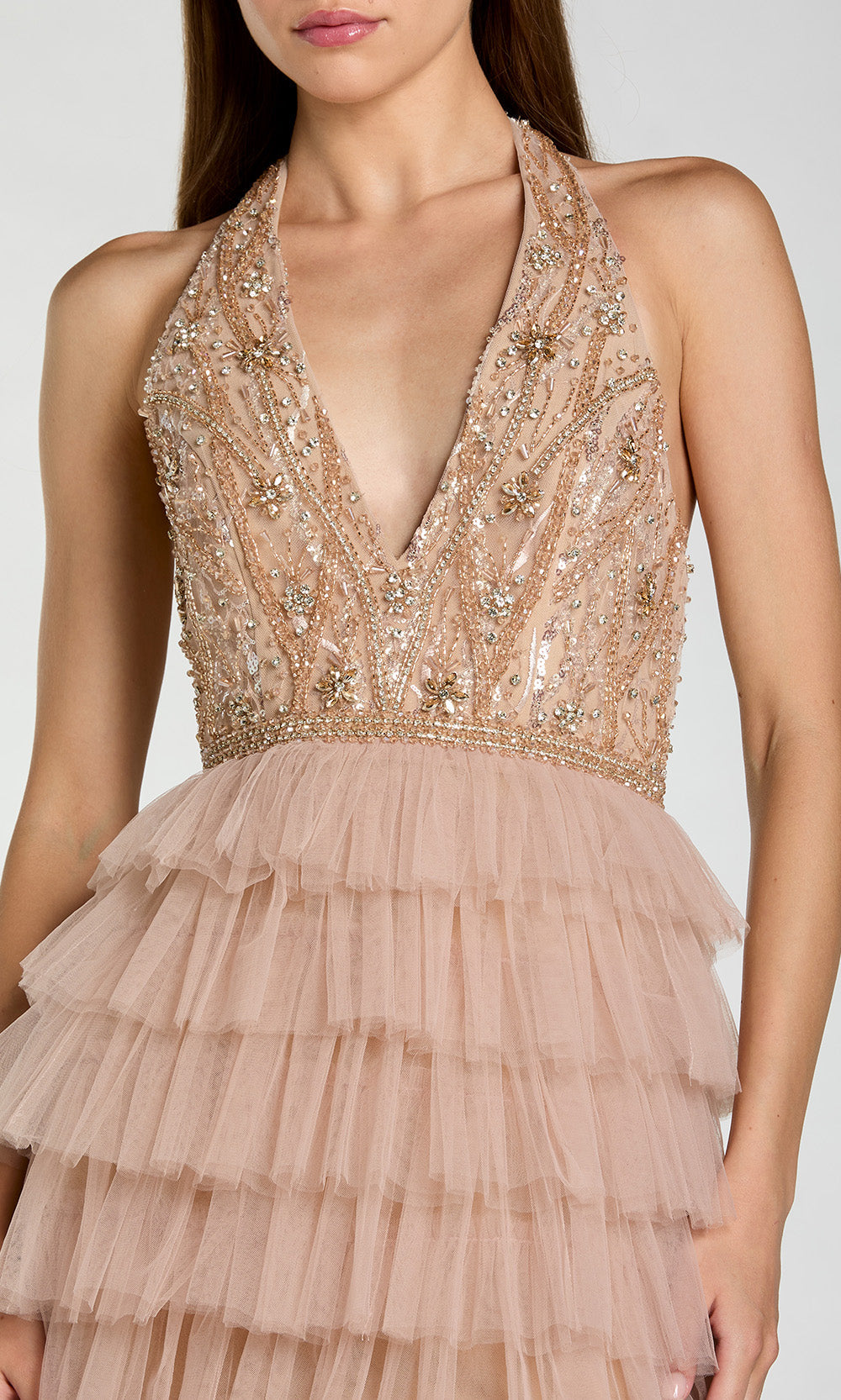 Mac Duggal 69062 - Beaded Top Halter Tiered Gown Prom Dresses in Neutral