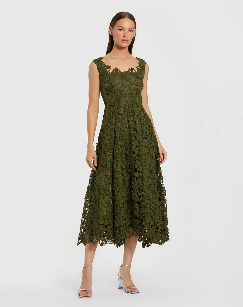 Mac Duggal 69073 - Floral Embroidered A-Line Tea-Length Dress In Green