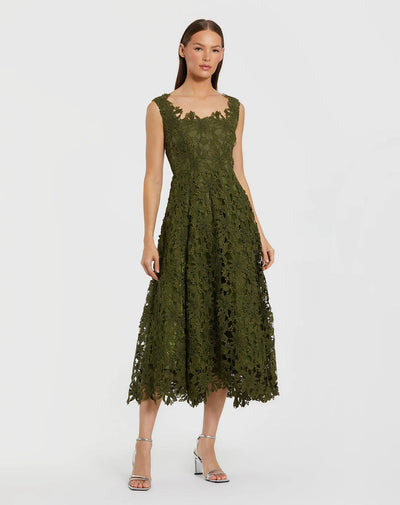 Mac Duggal 69073 - Floral Embroidered A-Line Tea-Length Dress In Green