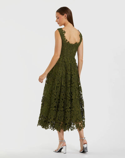 Mac Duggal 69073 - Floral Embroidered A-Line Tea-Length Dress In Green