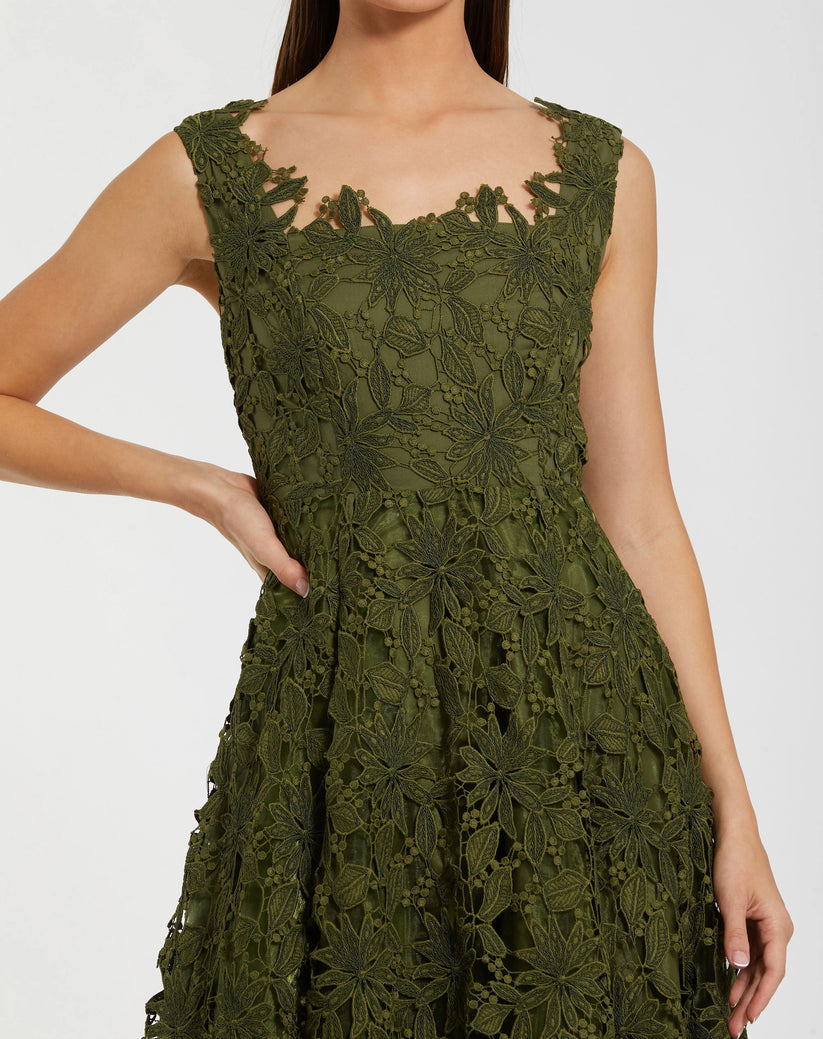 Mac Duggal 69073 - Floral Embroidered A-Line Tea-Length Dress In Green