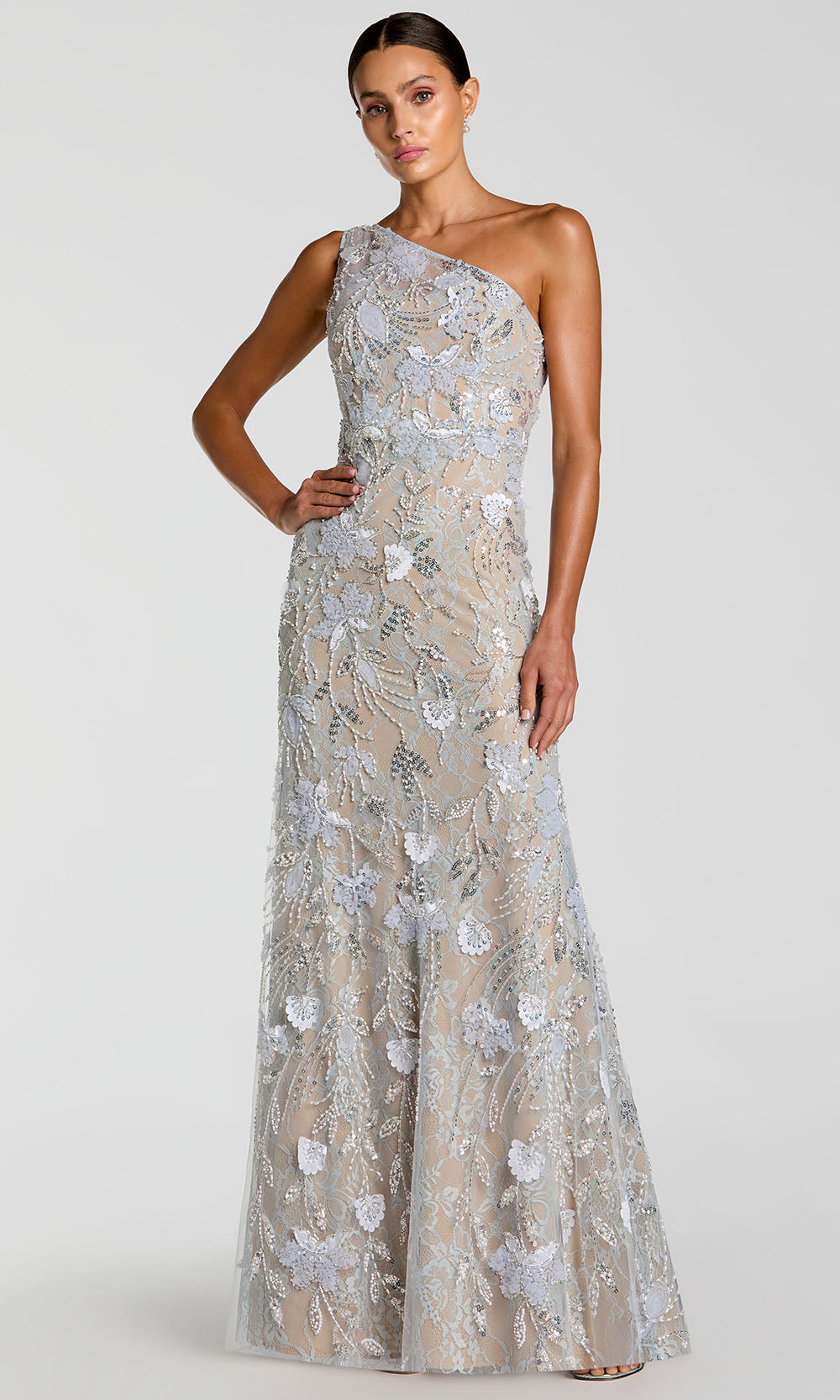 Mac Duggal 69077 - One Shoulder Floral Lace Prom Gown In Blue