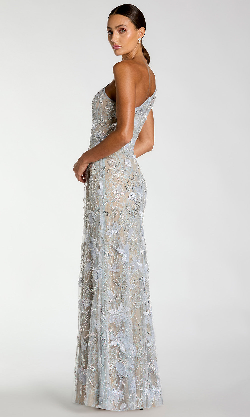 Mac Duggal 69077 - One Shoulder Floral Lace Prom Gown In Blue