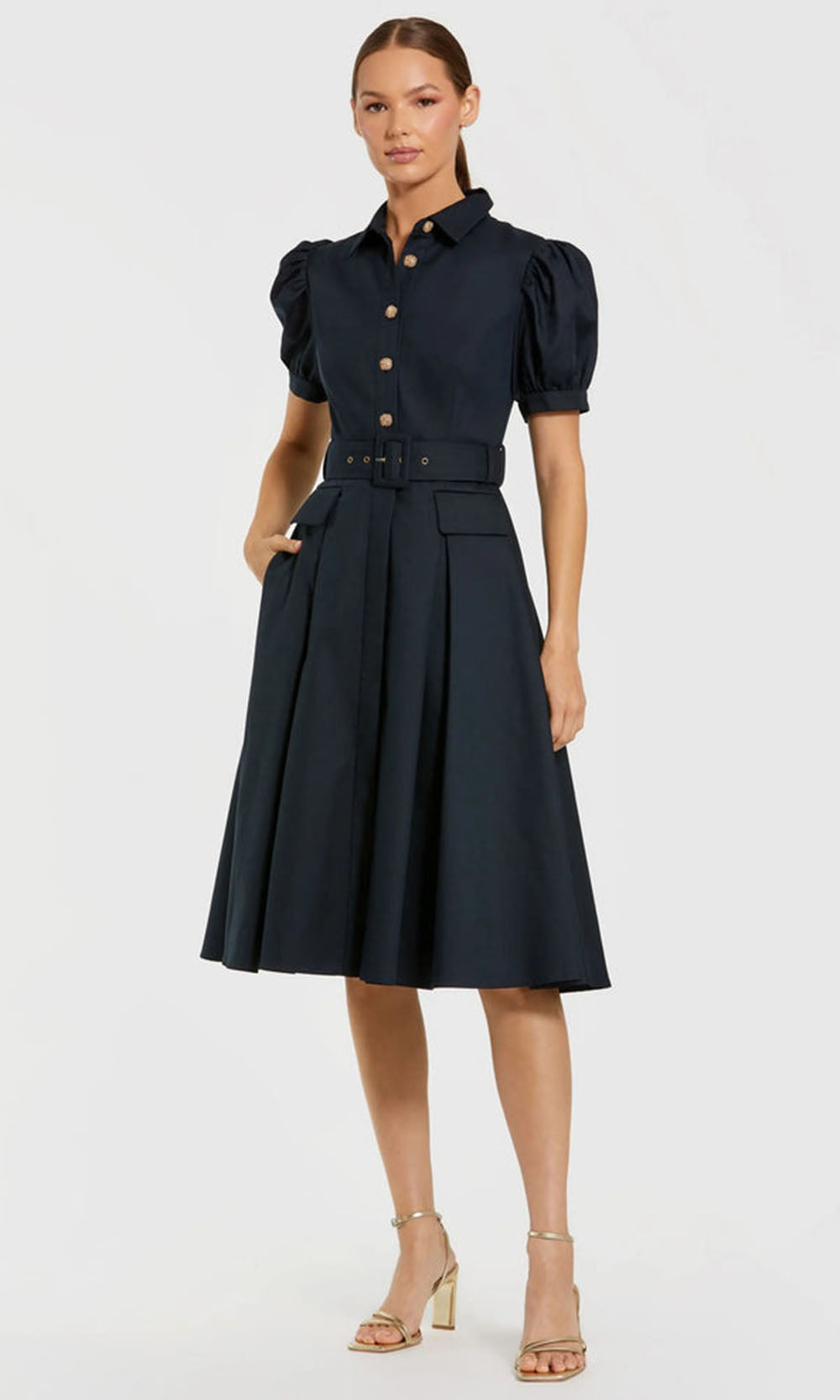 Mac Duggal 69097 - Puff Sleeve A-line Daytime Dress with Belt Cocktail Dresses in Midnight