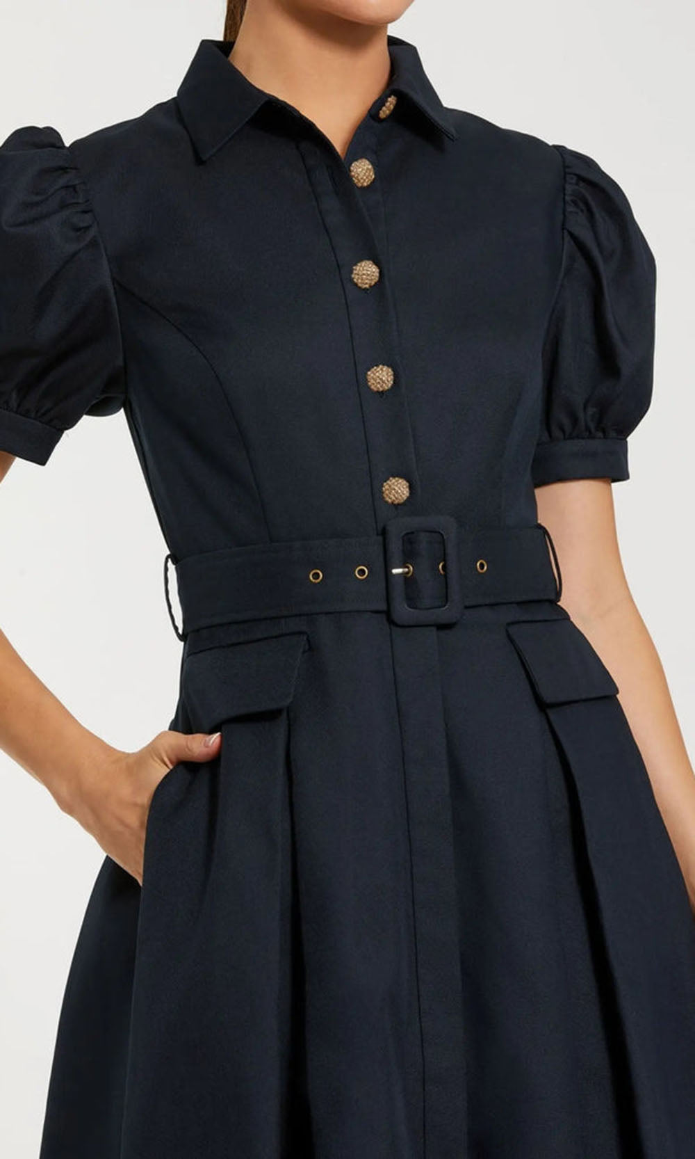 Mac Duggal 69097 - Puff Sleeve A-line Daytime Dress with Belt Cocktail Dresses in Midnight
