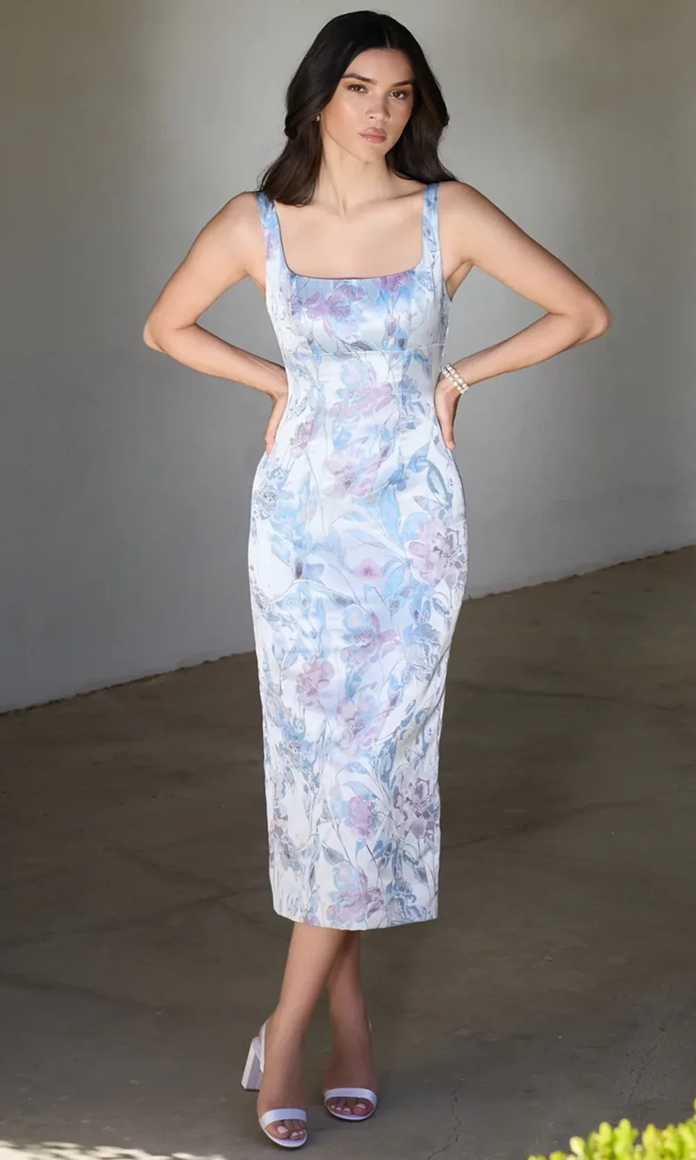 Mac Duggal 69152 - Floral Brocade Empire Waist Tea-Length Dress In Blue and Multi