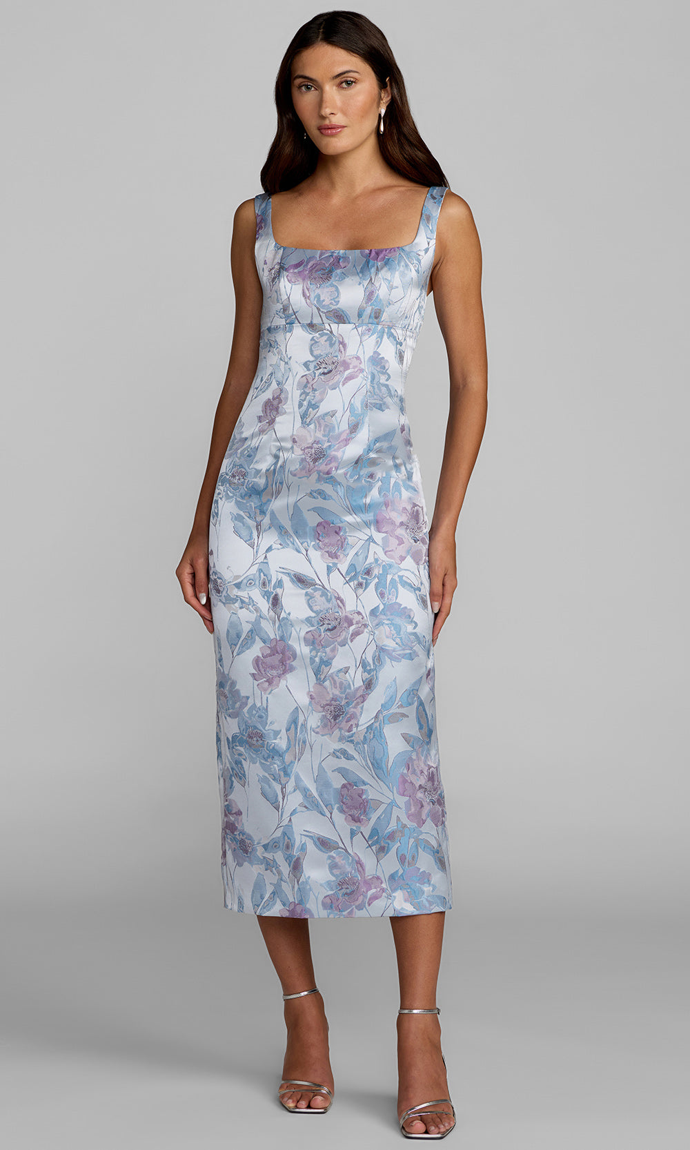 Mac Duggal 69152 - Floral Brocade Empire Waist Tea-Length Dress In Blue and Multi