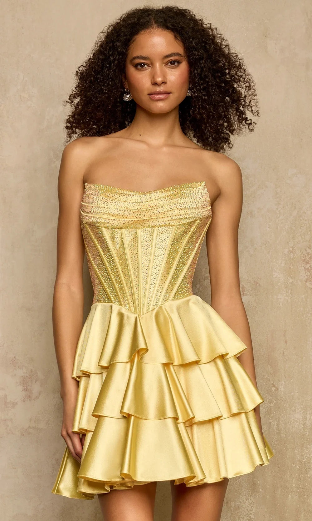 Sherri Hill 58266 - Rhinestone Corset Lace-Up Back Mini Dress In Yellow
