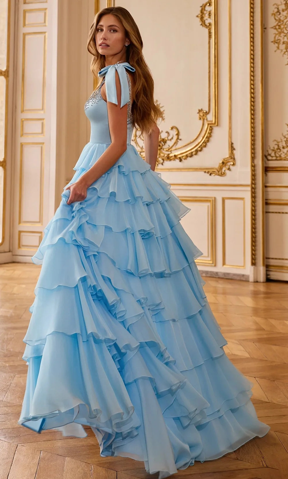 Sherri Hill 58041 - Bow Strap Tiered Ruffle Chiffon Gown In Blue