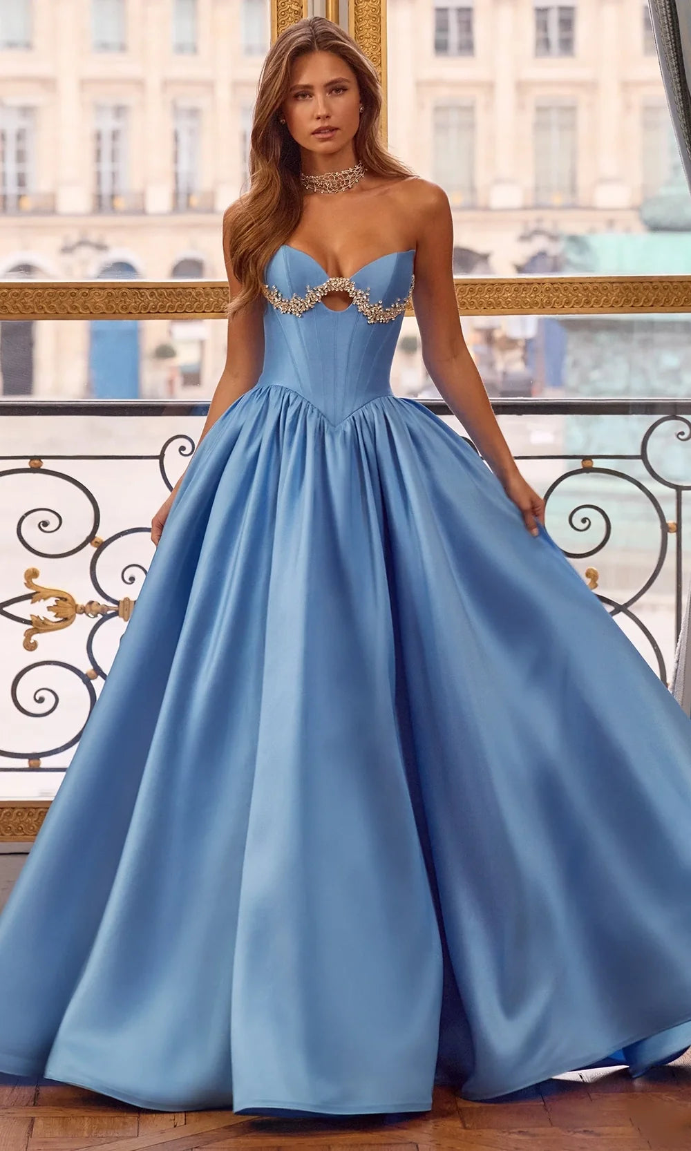 Sherri Hill 58161 - Crystal Accent Mikado Strapless Ballgown In Blue