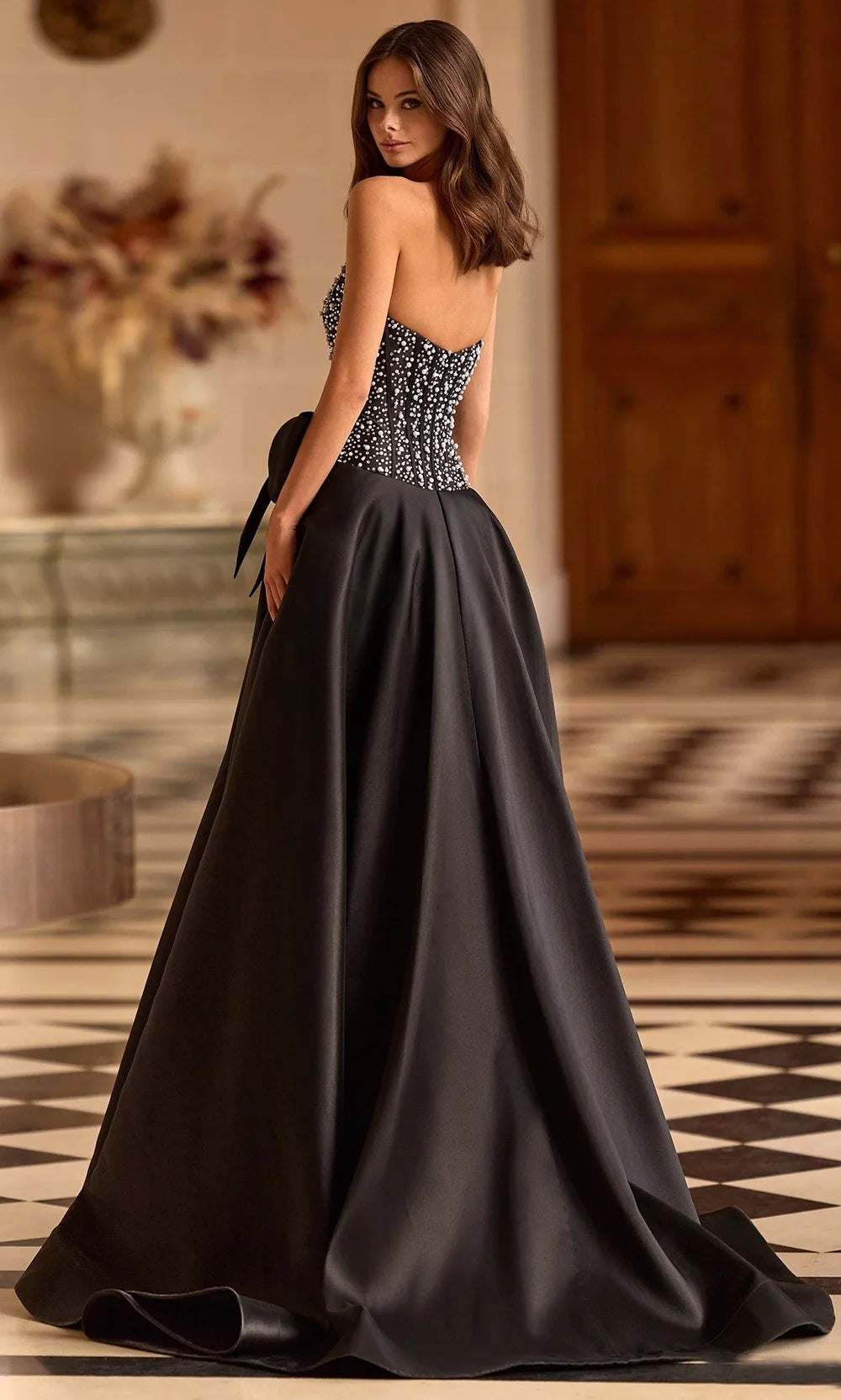 Sherri Hill 58010 - Pearl Beaded Corset A-Line Gown with Slit In Black Silver