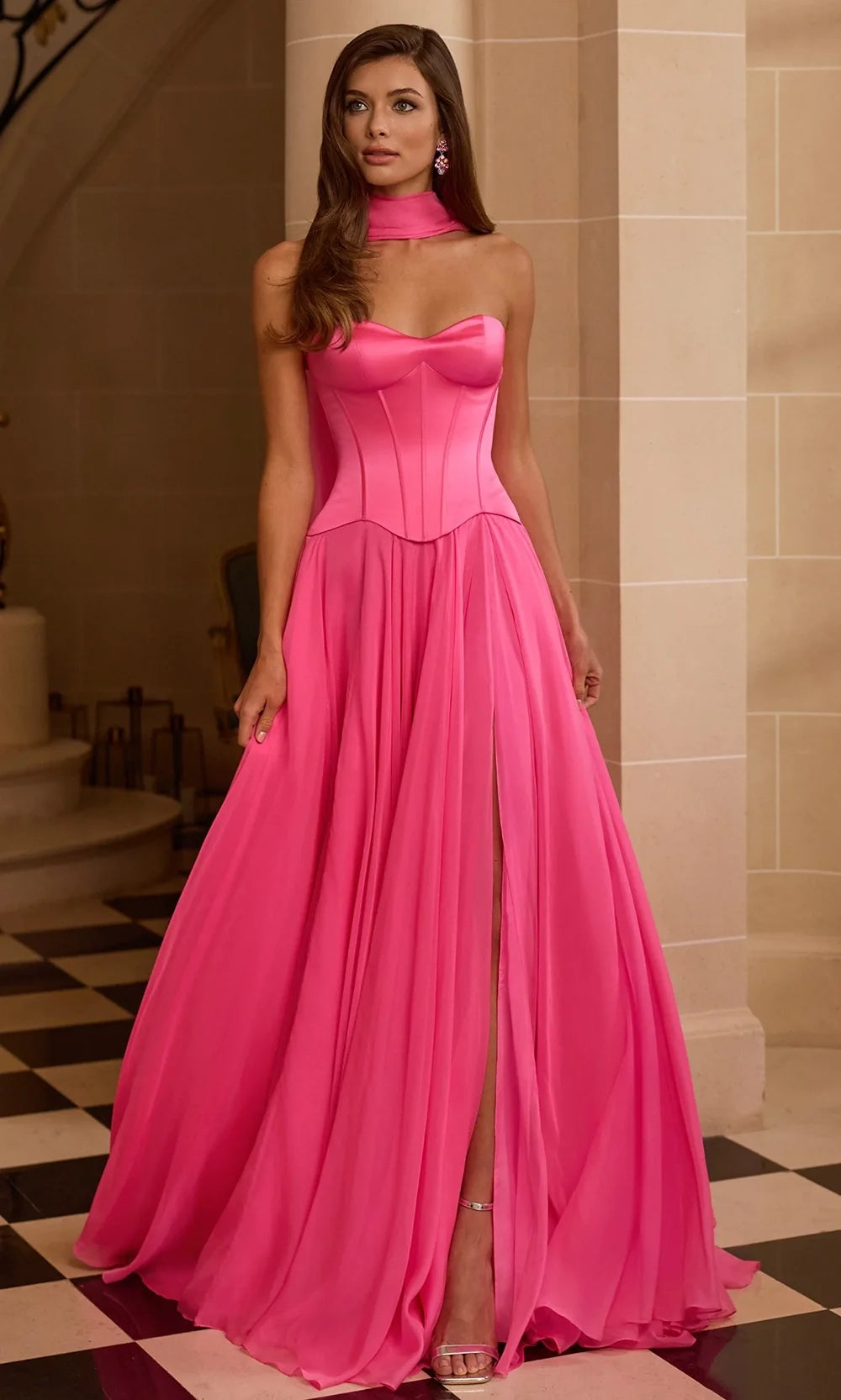 Sherri Hill 58195 - Sweetheart Corset Chiffon Gown with Scarf Detail In Pink