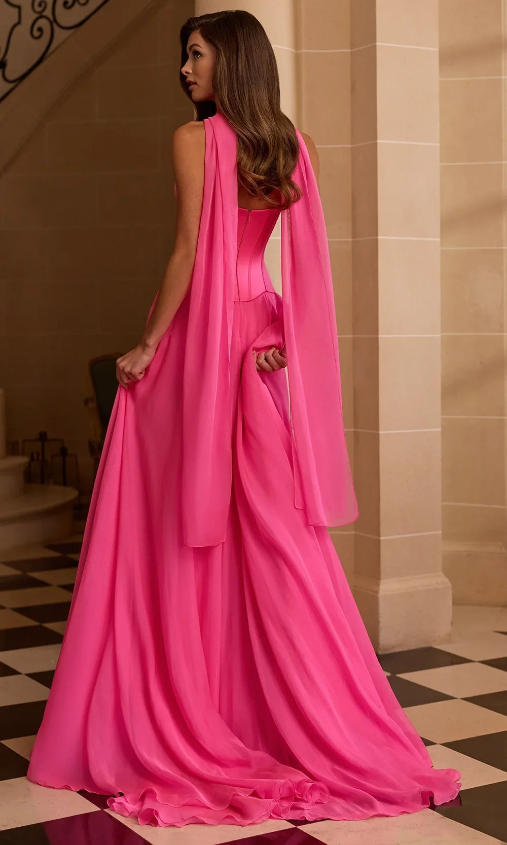 Sherri Hill 58195 - Sweetheart Corset Chiffon Gown with Scarf Detail In Pink