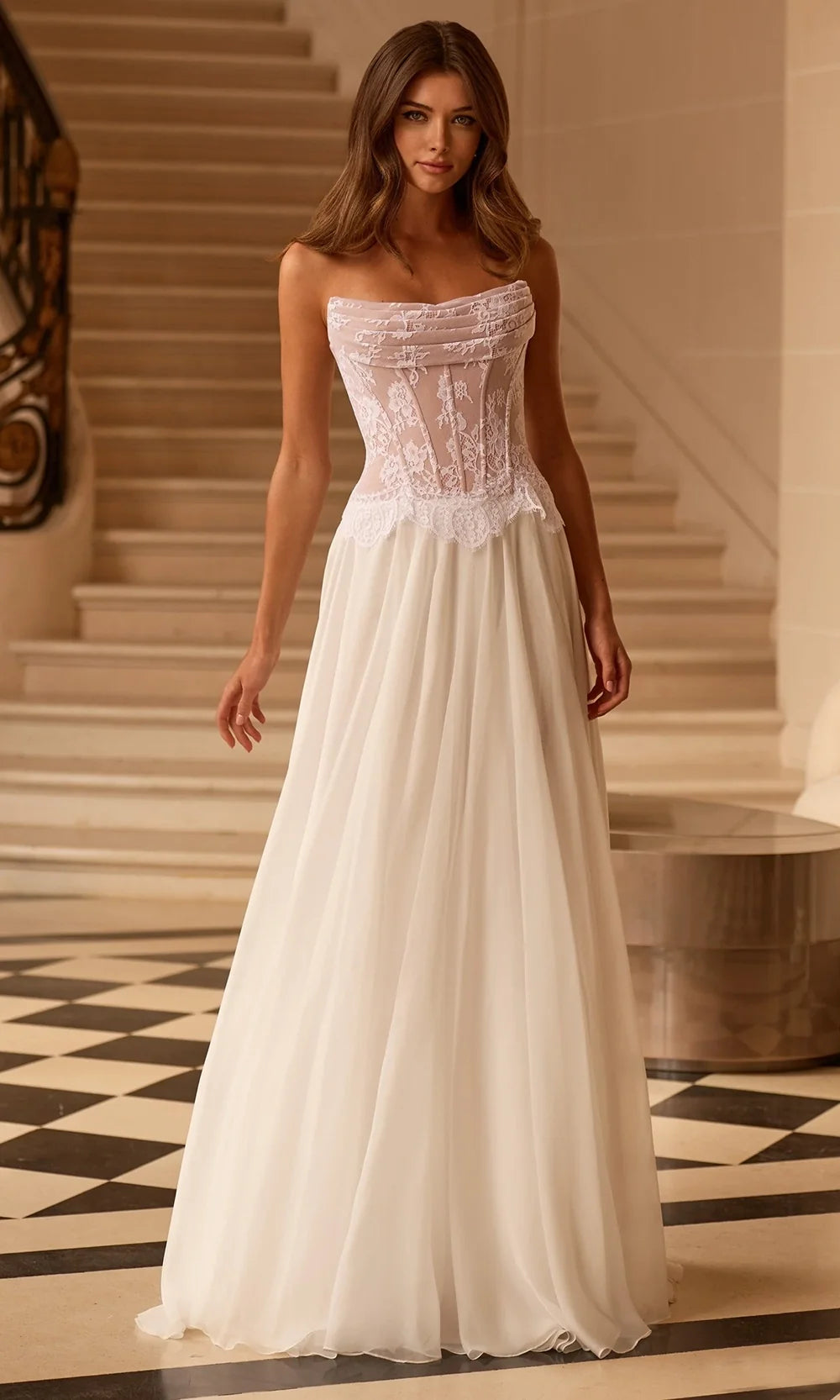 Sherri Hill 58248 - Lace Corset Flowing A-Line Dress In White Nude