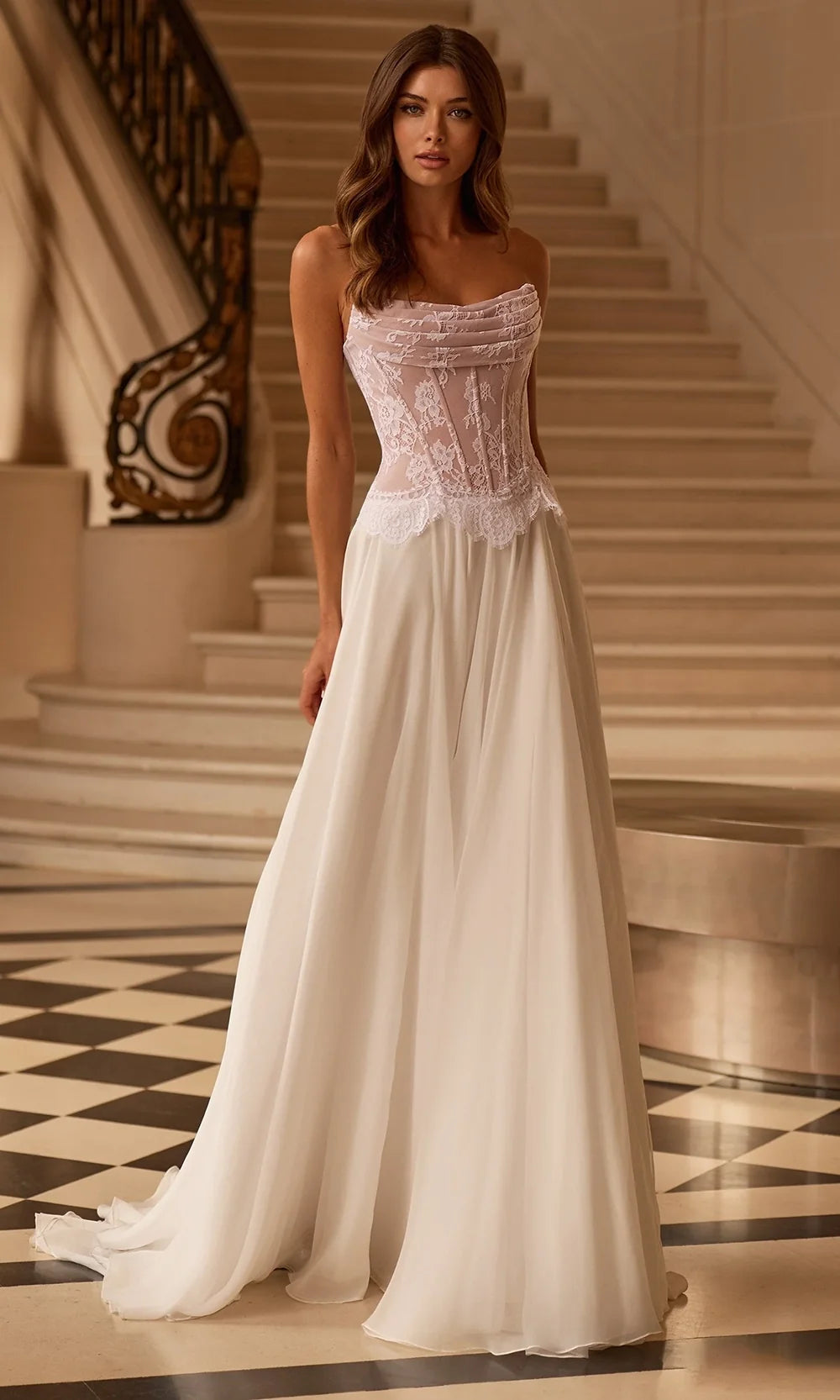 Sherri Hill 58248 - Lace Corset Flowing A-Line Dress In White Nude