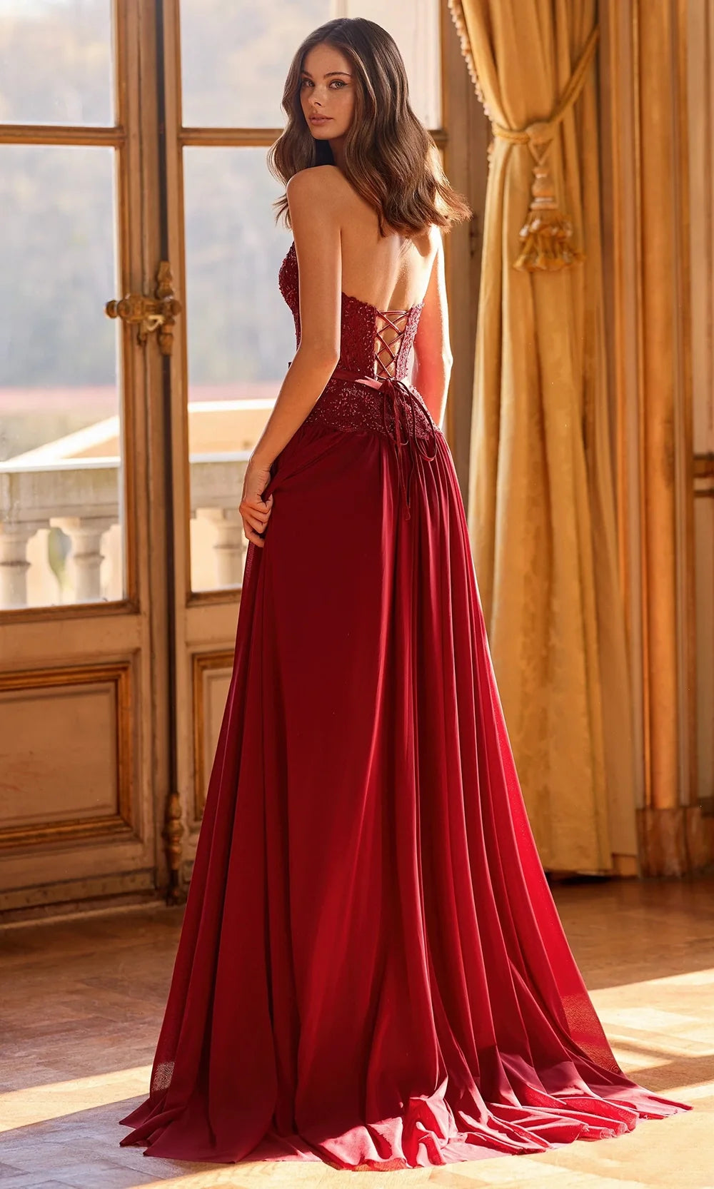 Sherri Hill 58260 - Lace Detail Plunging Halter Flowing Gown In Red