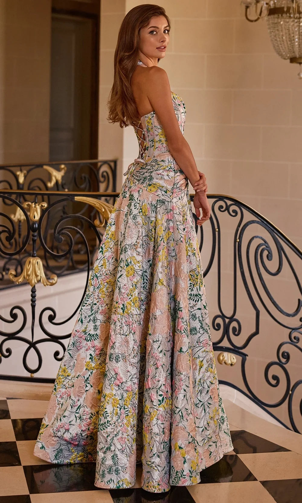 Sherri Hill 58284 - Brocade Sleeveless Halter Gown with Slit