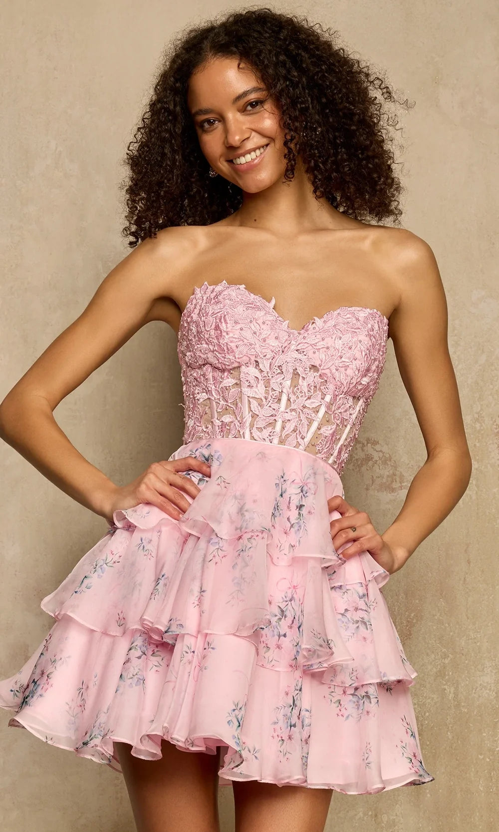 Sherri Hill 58058 - Floral Print A-Line Dress with Lace Applique In Pink