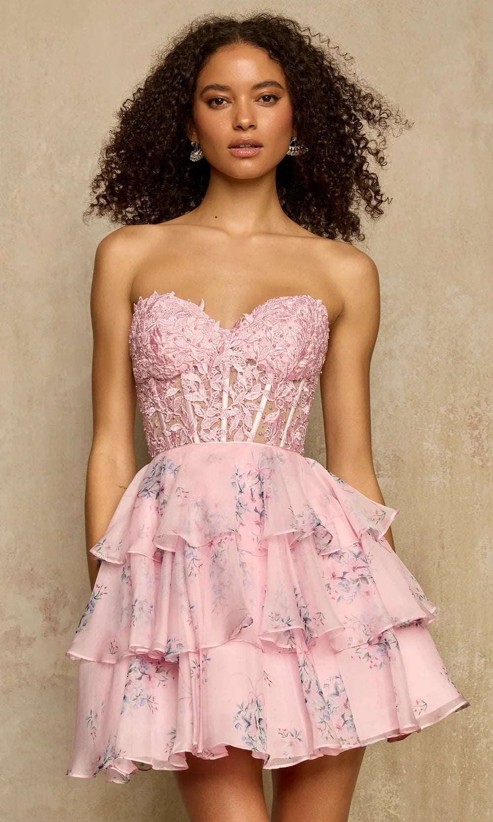 Sherri Hill 58058 - Floral Print A-Line Dress with Lace Applique In Pink