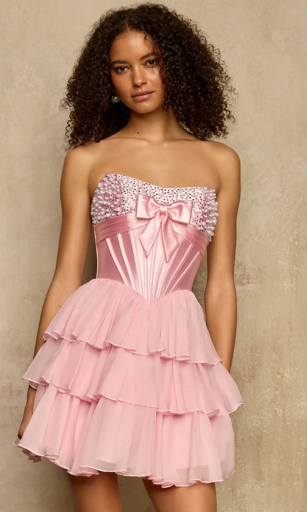 Sherri Hill 58176 - Pearl Beaded Bust Ruffle Short Dress In Pink Silver