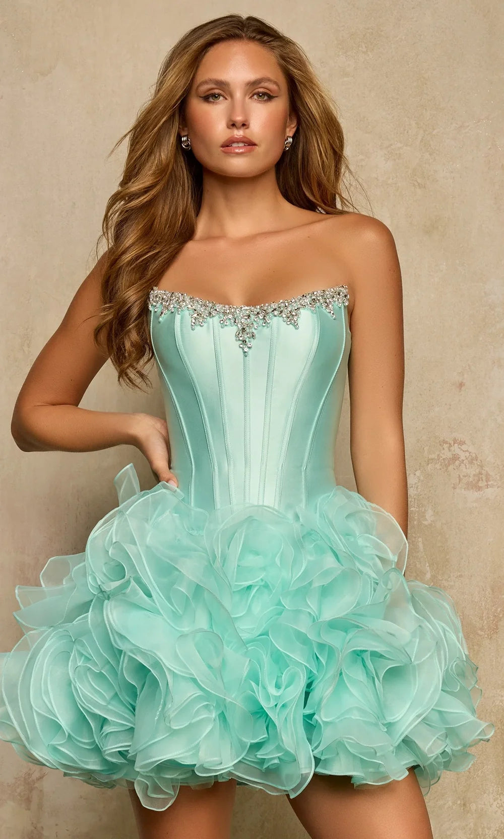 Sherri Hill 58321 - Rosette Ruffle Skirt Scoop Mini Dress In Green