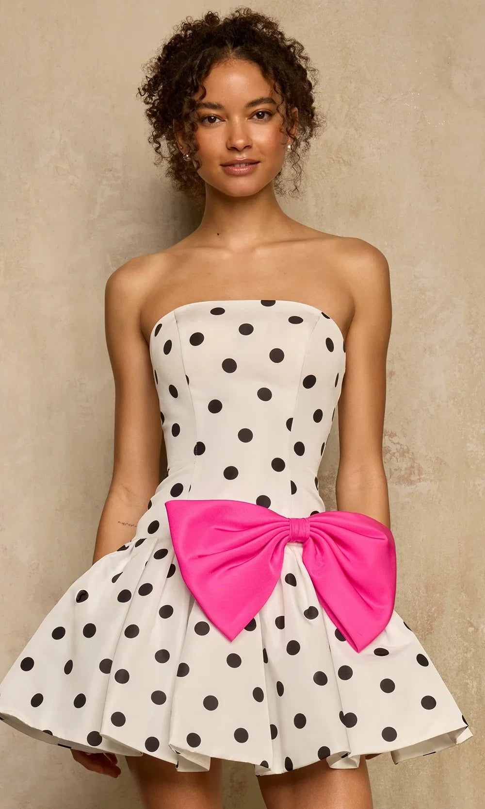 Sherri Hill 57989 - Polka Dot A-Line Cocktail Dress with Bow In White, Black and Pink