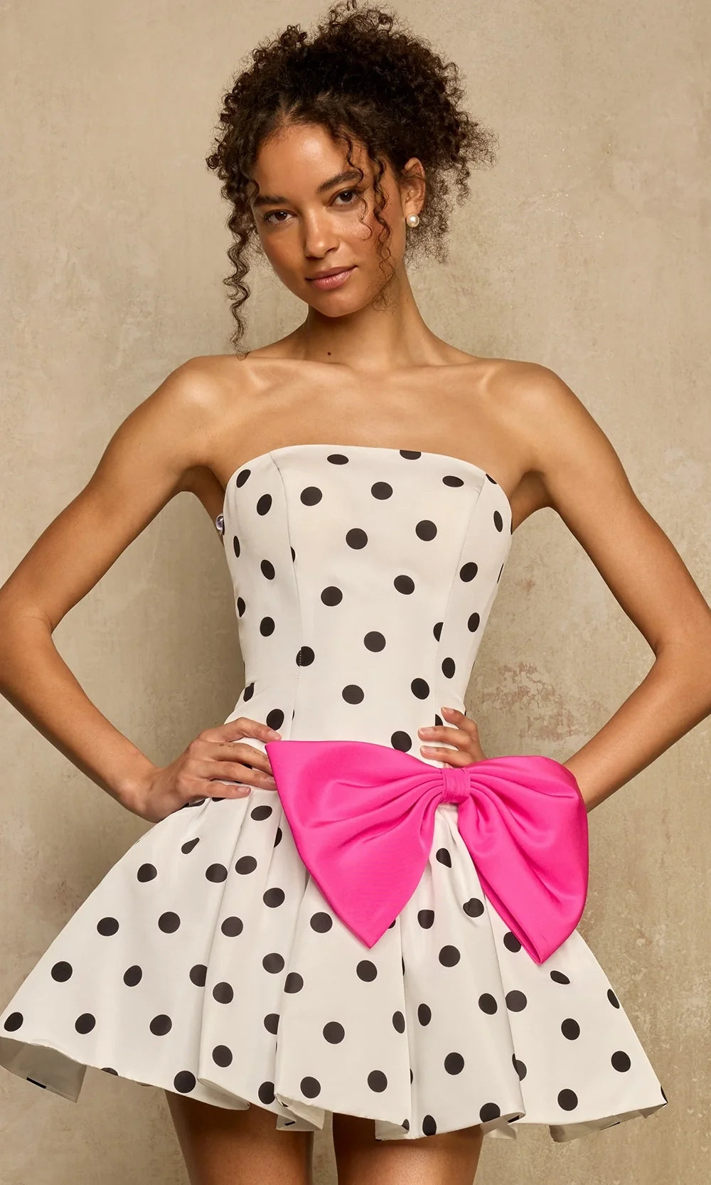 Sherri Hill 57989 - Polka Dot A-Line Cocktail Dress with Bow In White, Black and Pink