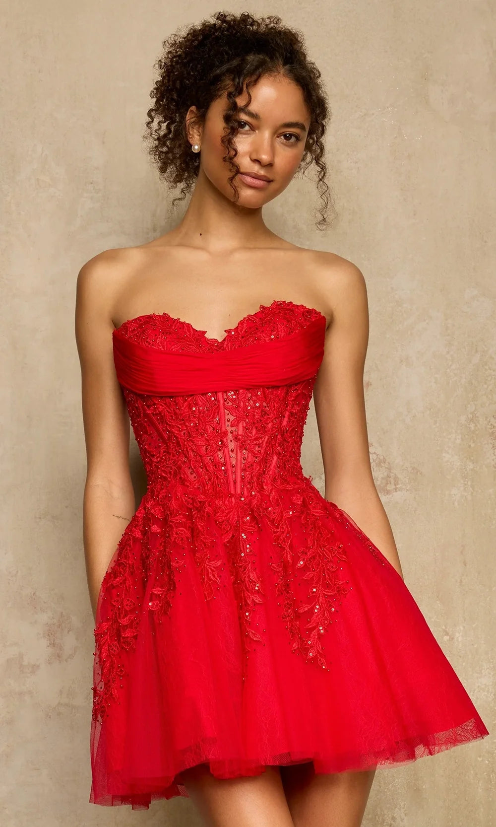 Sherri Hill 58116 - Leaf Applique A-Line Mini Dress In Red
