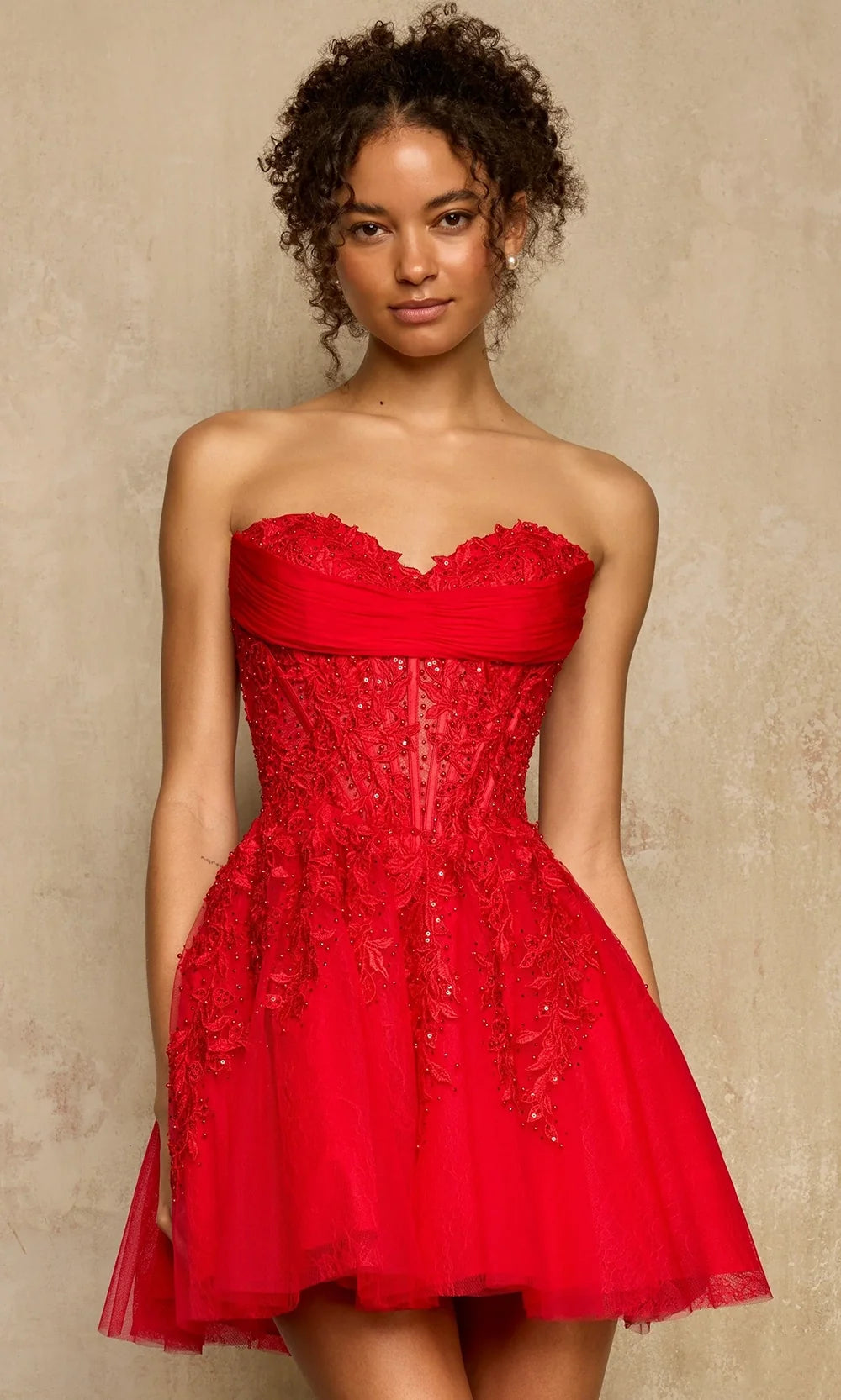 Sherri Hill 58116 - Leaf Applique A-Line Mini Dress In Red