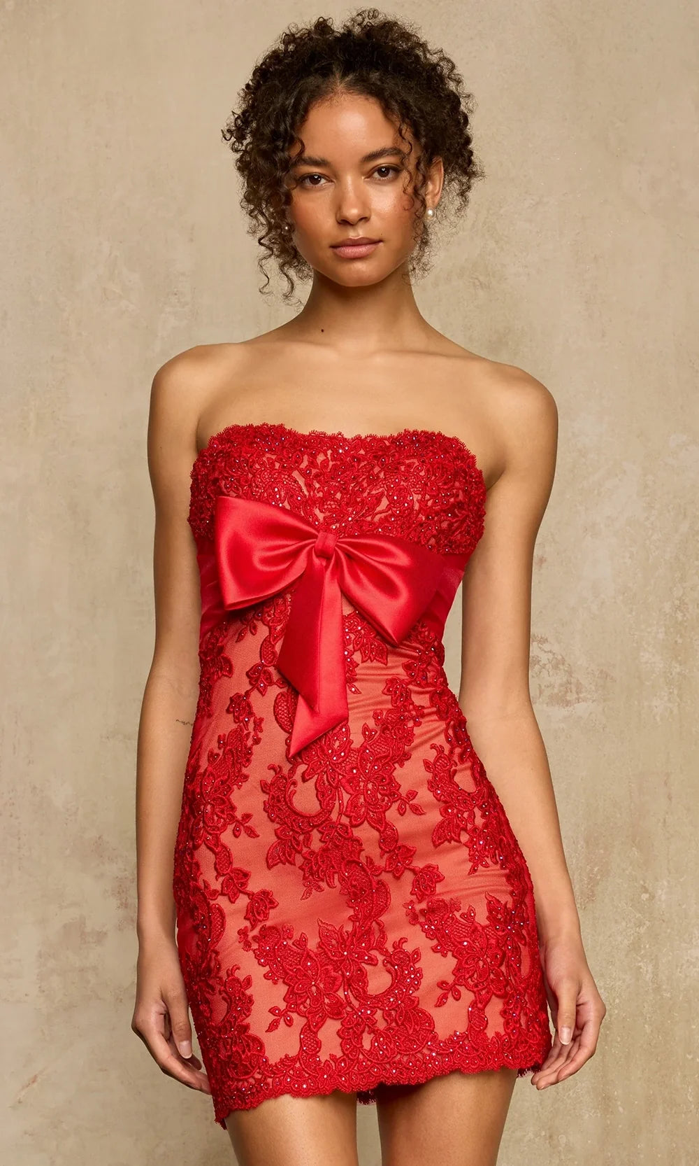 Sherri Hill 58268 - Strapless Lace Embroidered Mini Dress In Red and Neutral