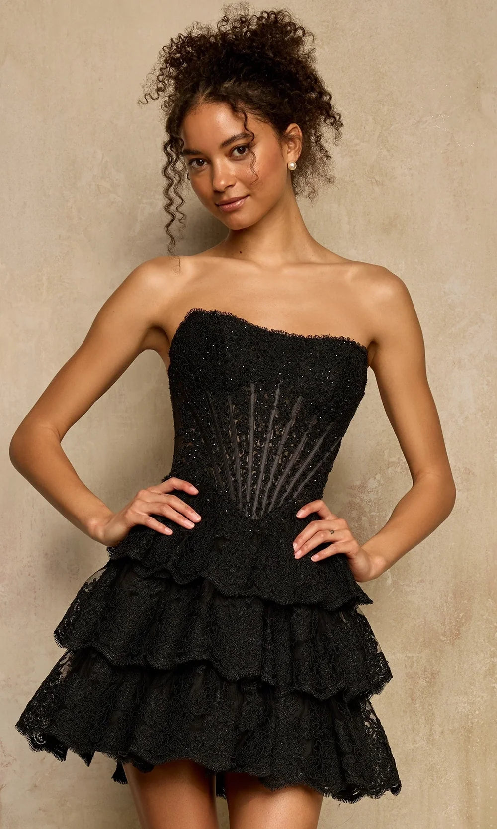 Sherri Hill 58274 - Tiered Lace Corset Mini Dress In Black