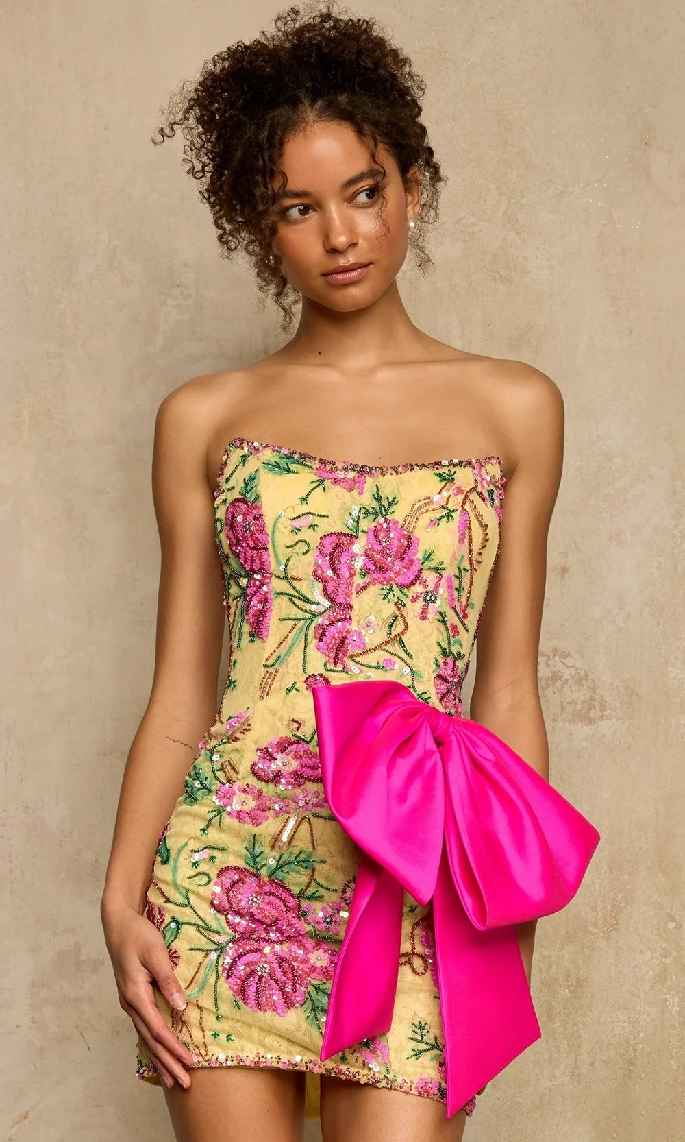 Sherri Hill 58300 - Bow Accent Floral Beaded Short Dress In Yellow and Multi