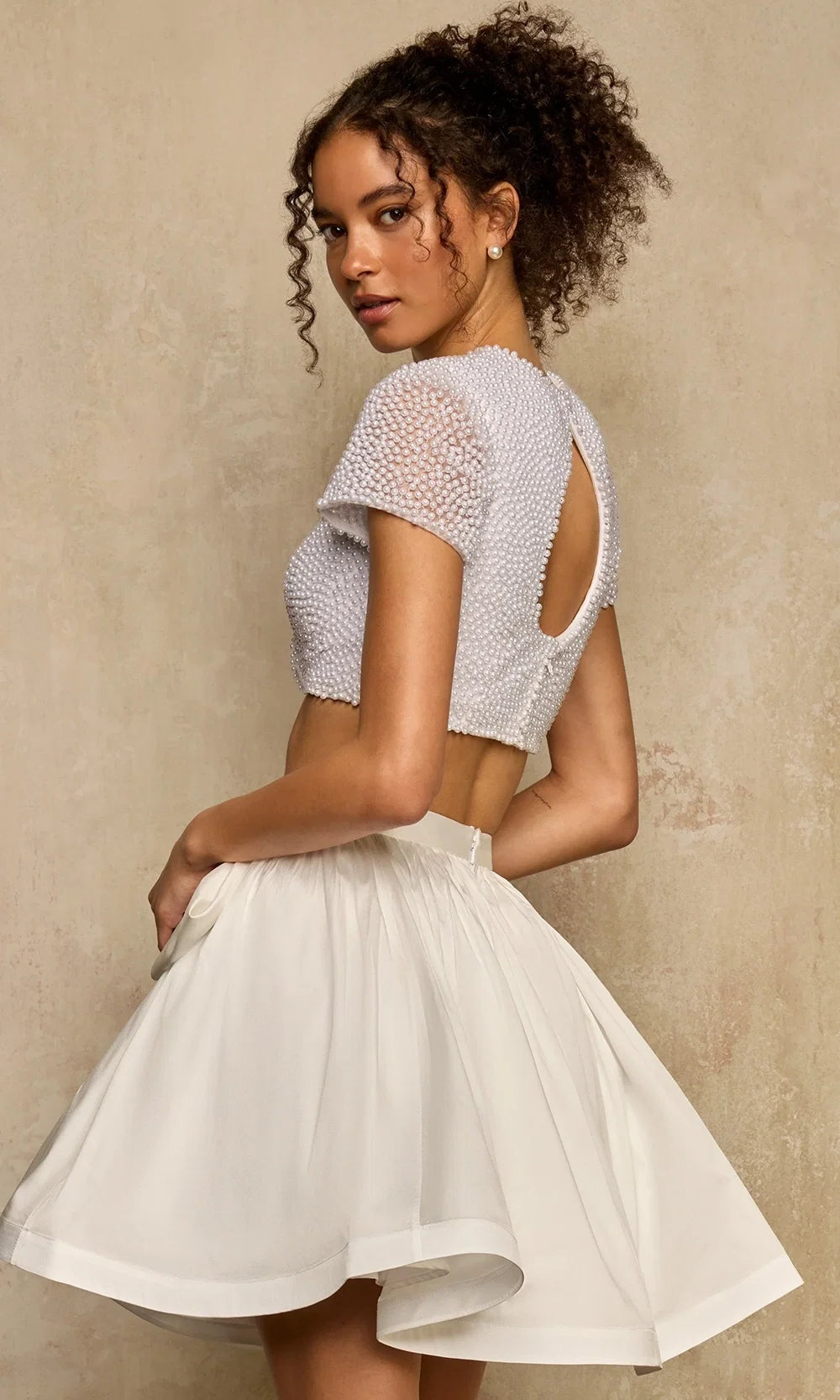 Sherri Hill 58370 - Pearl Embellished Crop Top A-Line Dress In White