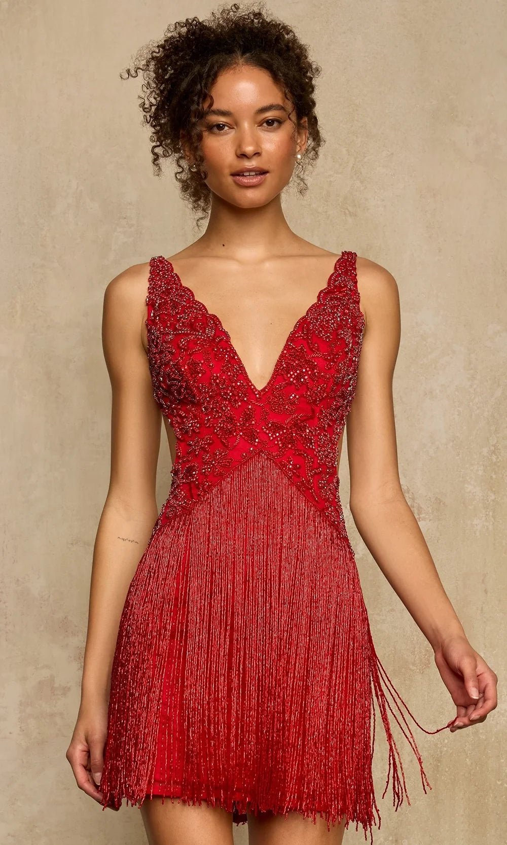 Sherri Hill 67070 - Floral Beaded Fringe Mini Sheath Dress In Red