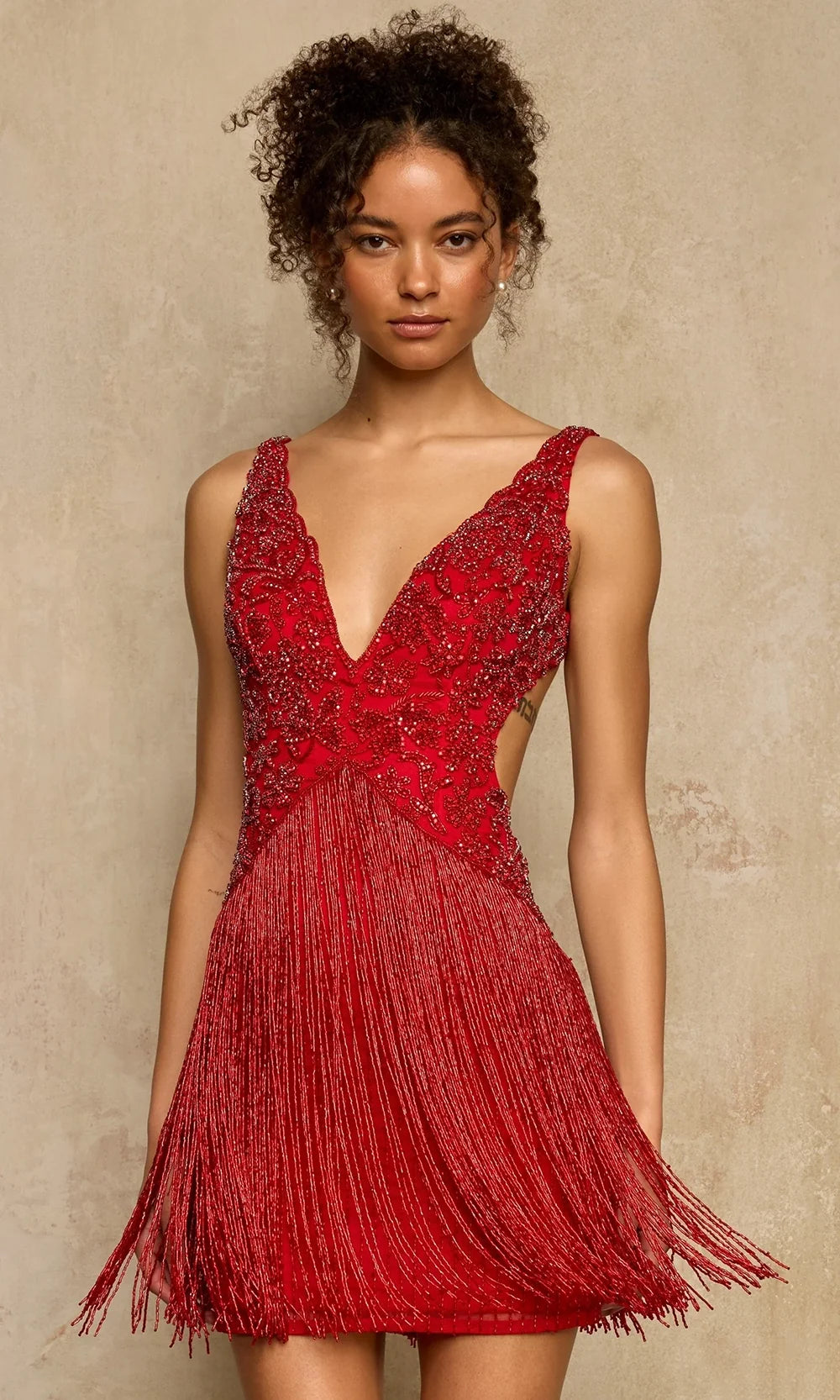 Sherri Hill 67070 - Floral Beaded Fringe Mini Sheath Dress In Red